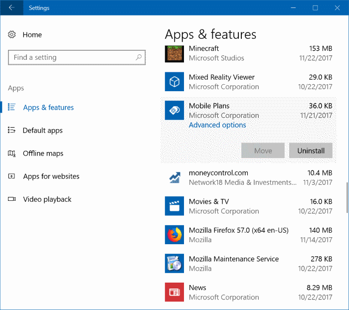удалить приложение мобильных планов из Windows 10 pic2