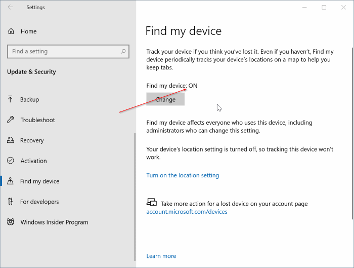 использование функции «Найти мое устройство» в Windows 10 pic3