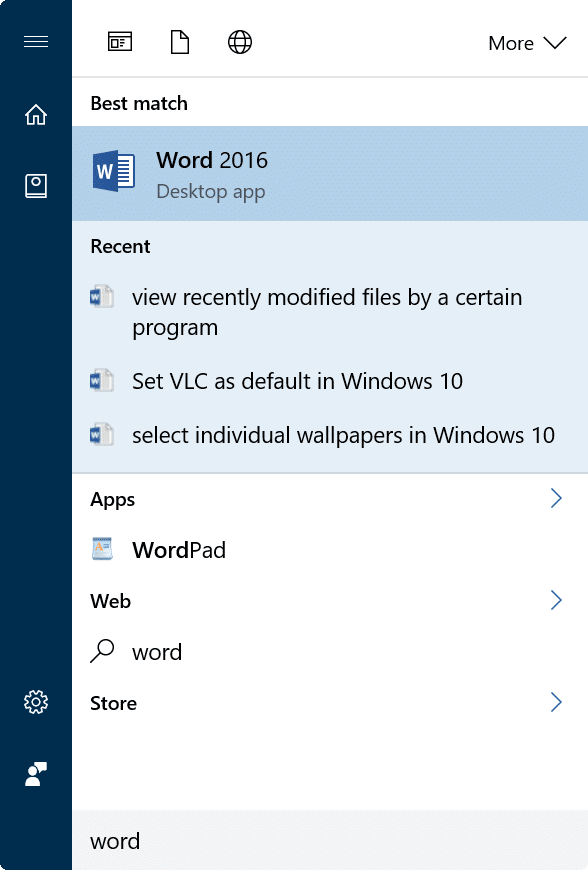 просмотреть недавно измененные файлы в Windows 10 с помощью поиска в меню «Пуск»3