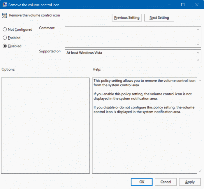 Значок громкости отсутствует на панели задач в Windows 10, шаг 6.1